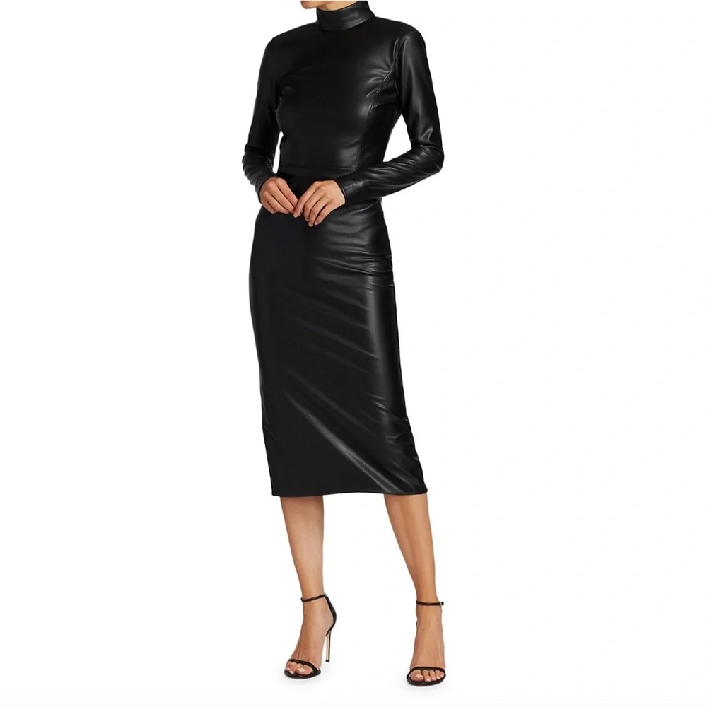 NWT $330 ALICE + OLIVIA Delora Faux-Leather Mock-Neck Open-Back Dress in size 0!